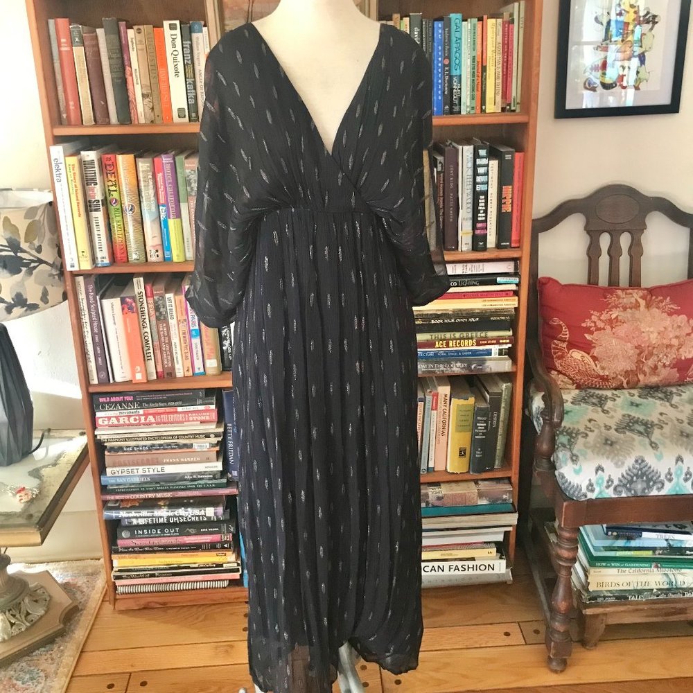 Maison Hotel Black Chiffon and Lurex Midi Dress with Deep V and Tie Back